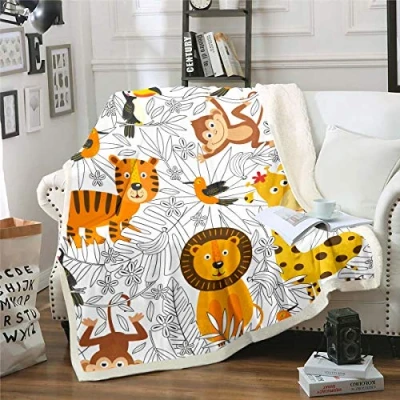 Image of Kids Throw Blanket Cartoon Animal Fleece Blankets for Child Boys Girls Cute Lion Tiger Giraffe Print Botanical Leaves Sherpa Chair Office Room Plush Single 50&quot;x60&quot;