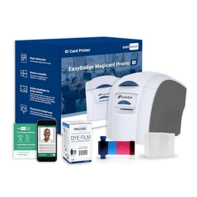 Image of EasyBadge Magicard Pronto ID Card Printer with Badge Printing Accessories including Printer, Blank Cards, and MA300YMCKO Ribbon