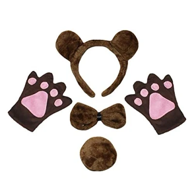 Image of Petitebelle Bear Headband Bowtie Tail Gloves 4pc Children Costume 1 10y (Brown/Round Tail, 5 Years)