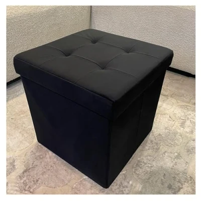 Image of Home Luxe Luxurious Foldable Black Square Brushed Velvet Storage Box Seat Ottoman