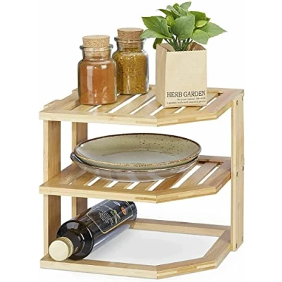 Image of MantraRaj 3 Tier Bamboo Corner Shelf Kitchen Cupboard Storage Organiser Stacking Worktop Tidy Plate Rack Space Saving Unit Dish Holder Stand