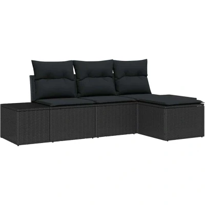 Image of vidaXL 4 Piece Garden Sofa Set with Cushions Black Poly Rattan