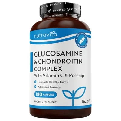 Image of Glucosamine and Chondroitin Complex 180 High Strength Capsules Contributes to The Maintenance of Normal Immune System with Vitamin C, Turmeric, Ginger Rosehip Made in UK by Nutravita