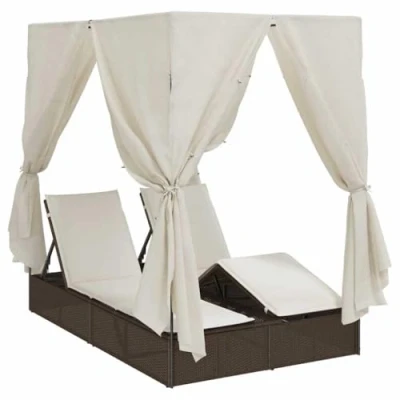 Image of vidaXL Double Sun Lounger with Roof and Curtains Brown Poly Rattan