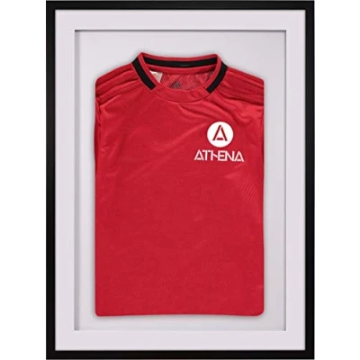 Image of Athena Premium Wood DIY Adult 3D Mounted Sports Shirt Display Frame for Football Shirt, Rugby Shadow Box 60 x 80cm Black Frame, White Mount, Backing Card