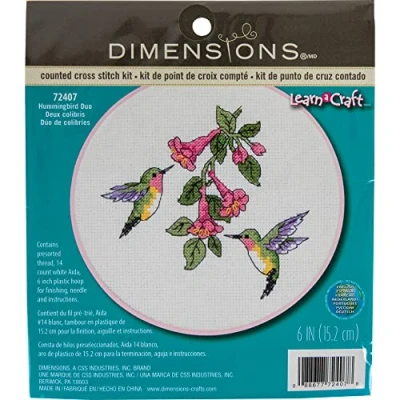 Image of Dimensions Counted Cross Stitch Kit Hummingbird Duo 72407 Arts and Crafts for Adults 14 count Aida 6 inch