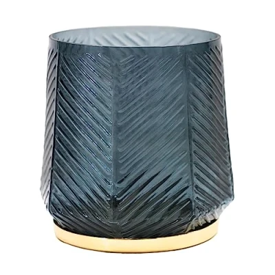 Image of Ivyline Elm Embossed Candle Holder in Soft Blue Waterproof &amp; Stylish Decorative Textured Glass for Tealight Candles H15cm x W15cm D15cm