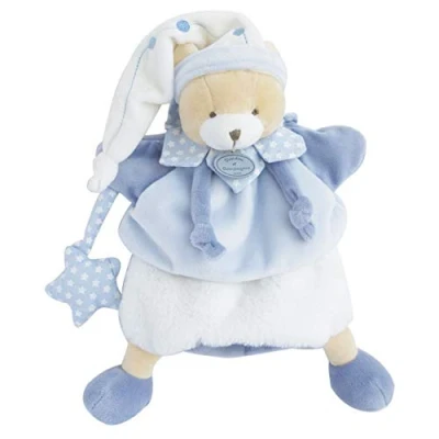 Image of Doudou et Compagnie DC3081 Bear Hand Puppet Soft Toy 28 cm Blue/White Petit Chou