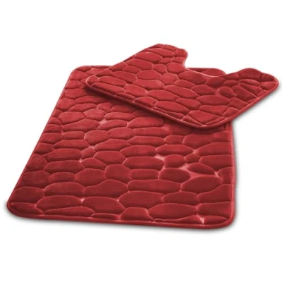 Image of VELVETIO Pebbles Stone Bath Mat &amp; Pedestal Set for Bathroom, Water Absorbent Non Slip 2 Piece Toilet Mats, Extra Soft Shower Bathtub Rug, (50x80, 50x40 cm), Red