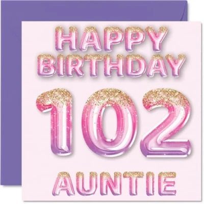 Image of 102nd Birthday Card for Auntie Pink &amp; Purple Glitter Balloons Happy Cards 102 Year Old Aunt Aunty from Nephew Niece, 145mm x Bday Greeting Gift