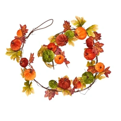 Image of Smart Garden Autumn Garland with Mini Plush Pumpkins Halloween Decoration 180cm Orange/Green Pumpkin Decor Autumnal Perfect for Windows Living Room Staircase