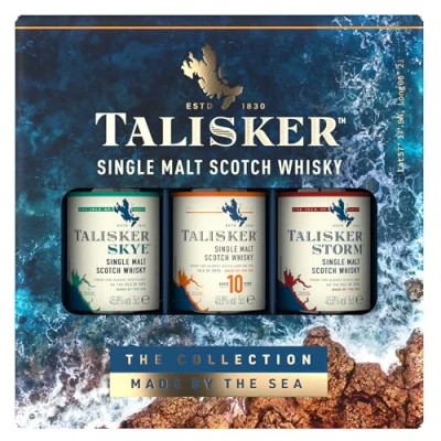 Image of Talisker Single Malt Scotch Whisky 45.8% vol 3 x 5cl Gift Pack Distinct Scottish Impressions Peated Smoky Flavour Made by the Sea