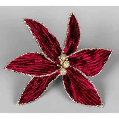 Image of SHATCHI 16cm Deluxe Christmas Glitter Poinsettia Burgundy Gold Velvet Artificial Flower with Metal Clip Tree Decorations Wedding New Year Ornaments