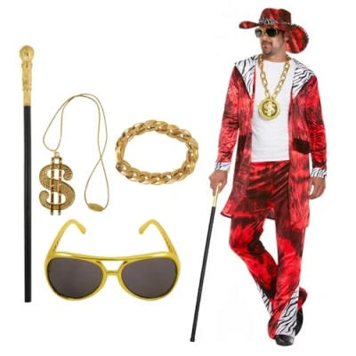 Image of FNA FASHIONS Adult Men’s Red Velvet Suit with Zebra Print Detail &amp; Matching Hat Complete 1970s Big Daddy Gangster Pimp Dress Up Costume 4 Accessories