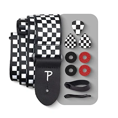 Image of Perri&#039;s Leathers Ltd Guitar Strap Bundle Polyester Checker BONUS 3 Medium 0.71mm Picks, 1 Leather Acoustic Adaptor, 4 Locks &amp; Shoelace Made in Canada (LPCP 591 PKG)