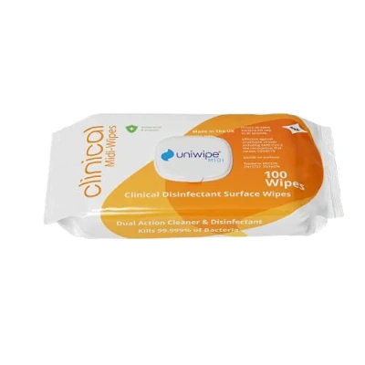 Image of Uniwipe Clinical Midi Wipes Antibacterial Sanitising kills 99.999% of germs (100 Pack), Plain