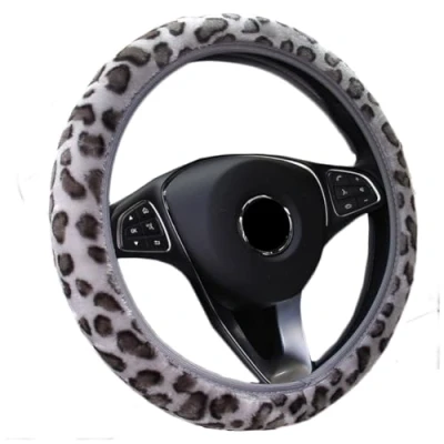 Image of Leopard Fluffy Steering Wheel Cover Non Slip Soft Furry Plush Winter Warm Vehicle Car Protector Universal Automotive Fit 37 39cm