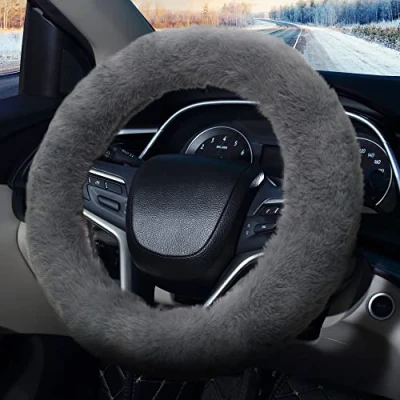 Image of Pahajim Fluffy Steering Wheel Covers, Soft Furry Car Anti skid Plush Cover Warm Wool Universal 36 39cm Winter Decoration for Women (Grey)
