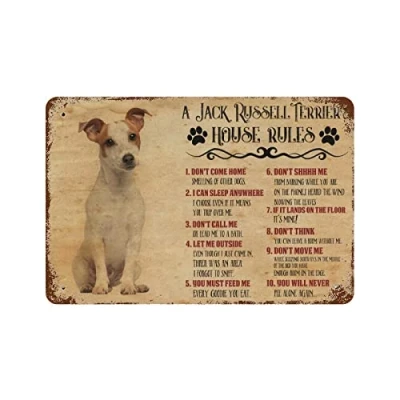 Image of Funny Dog Rules Novelty Metal Sign Retro Wall Decor A Jack Russell Terrier&#039;S House Art Rustic Farmhouse Signs With Sayings For Home Gifts Lovers 8x12inch