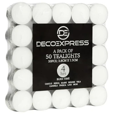 Image of Deco Express Tealight Candles Multipack of 200, 100, 50 or 24 4, 8 10 Hours Burning Time Tea Lights Unscented (White 200/8 Hour)