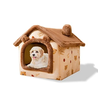 Image of Galatée Cat Cave Bed, Washable Dog Warm And Cosy Plush Igloo, Foldable Comfortable Pet House, Bed With Nonskid Bottom(S, Brown Bear)