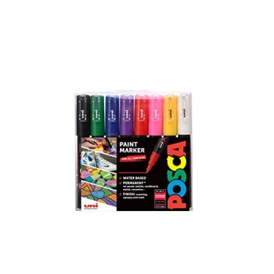 Image of POSCA PC 1M Water Based Permanent Marker Paint Pens. Extra Fine Tip for Art &amp; Crafts. Multi Surface Use On Wood Metal Paper Canvas Cardboard Glass Fabric Ceramic Rock Stone Pebble Porcelain. Set of 8