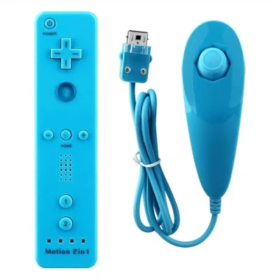 Image of OSTENT 2 in 1 Remote Controller Built Motion Plus + Nunchuk for Nintendo Wii Game Blue