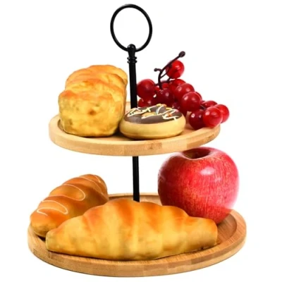 Image of Maison Des Cadeaux Bamboo Wood 2 Tier Snack Food Cheese Cup Cake Stand Serving Display Tray Platter (BAM 21)