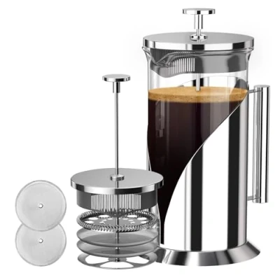 Image of Cafe Du Chateau French Press Coffee Maker, Cafetiere Stainless Steel &amp; Durable Glass Press, Tea Brewer Plunger 34oz