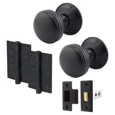 Image of EAI Lined Door Knob Set Matt Black 1 Pair of Mortice Knobs (55mm), Latch (76mm) &amp; Hinges for Internal Doors