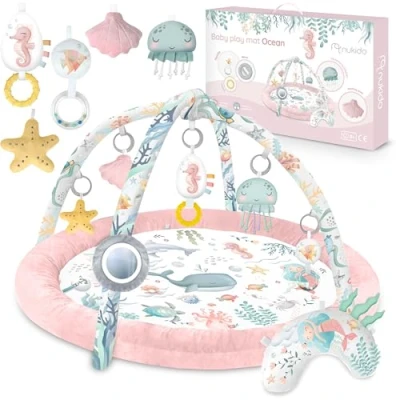 Image of nukido Interactive Educational Baby Play Mat for Floor from Birth Babies 2 in 1 Sensor 7 Functional Toys 56 cm Pink