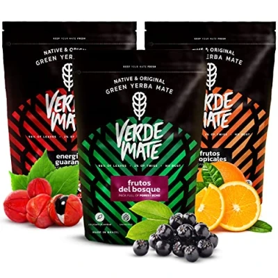 Image of Verde Mate Green Yerba Tea with Fruit 3 x 500g Stimulating Energia 500 g Exotic Frutos Tropicales Delicate del Bosque For beginners and advanced