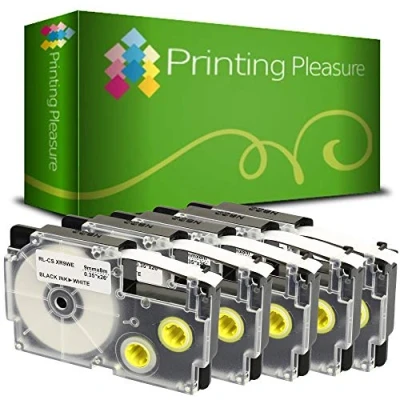 Image of Printing Pleasure 5 x XR 9WE 9WE1 Black on White Label Tapes compatible with Casio KL 60 100 120 200 300 750 780 820 2000 7000 7200 8100 CW L300 9mm 8m Ribbon
