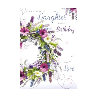 Image of Artistic Traditional Words n Wishes Wonderful Daughter Birthday Card Jewelled Wildflower Wreath Embossed Finish Greeting for Her (WW M054)