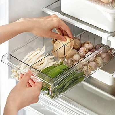Image of HUAYT Fridge Organisers,Fridge Drawer Storage Bins with Adjustable Slide Rail,Unique Freezer Shelf Holder Container Box 2 Partition Plates (1 PACK)