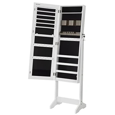 Image of SONGMICS Jewellery Cabinet Armoire, Freestanding Lockable Storage Organiser Unit with 2 Plastic Cosmetic Storage, Full Length Frameless Mirror, for Necklace Earring, White JJC002W01