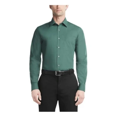 Image of Van Heusen Men&#039;s Poplin Fitted Solid Point Collar Dress Shirt, Dark Leaf, 18&quot; Neck 34&quot; 35&quot; Sleeve