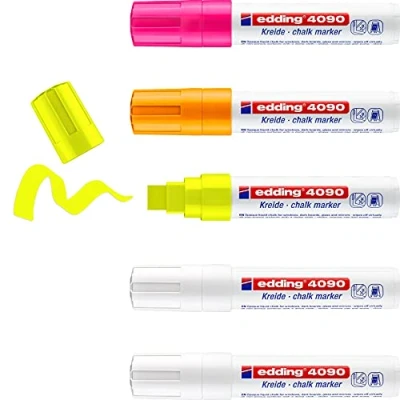 Image of edding 4090 chalk marker pen set 2 white, 3 neon colours 5 pens chisel nib 4 15 mm wet wipe for chalkboards, windows, glass, mirrors liquid opaque coverage