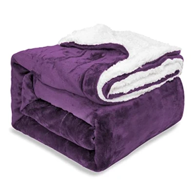 Image of EHC Sherpa Flannel Fleece Throw Blanket Fluffy Soft Thick Microfiber Solid Warm Blankets for Bed and Couch, Purple, Double, 150 cm x 200
