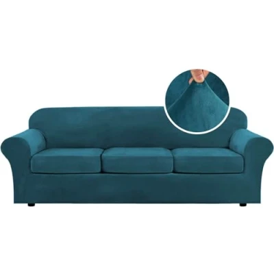 Image of LINGKY Velvet Sofa Cover 3 Seater With Separate Seat Cushion Covers, Stretch Couch Non Slip Slipcovers for Living Room Furniture Protector (Deep Teal,Large Seater)