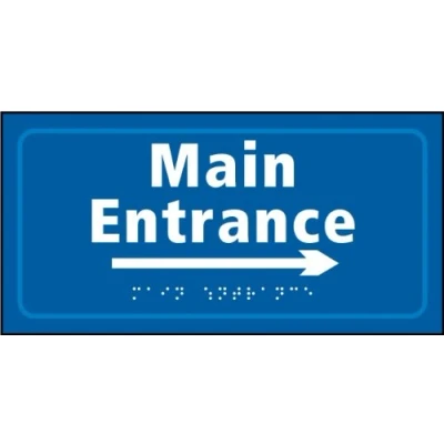 Image of Main Entrance Arrow Right Braille Sign, Self Adhesive Tactile, Blue (300mm x 150mm)