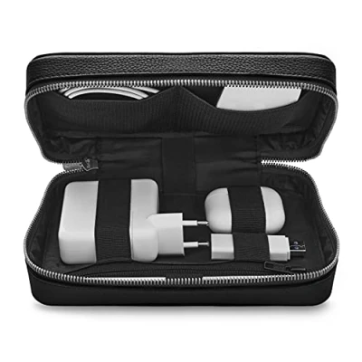 Image of Woolnut Full grain Leather Tech Pouch Organizer for Apple Accessories Black/Travel cable Organiser Bag and Power Bank Case Mens Travel Gadgets with storage