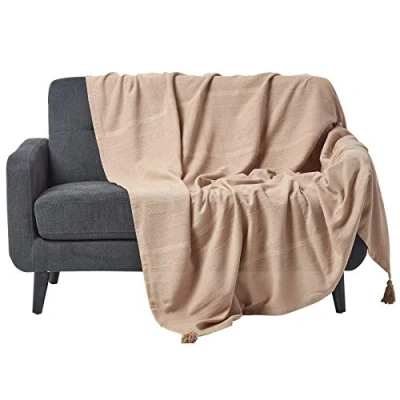 Image of HOMESCAPES Rajput Ribbed Throw/Bedspread 255 x 360 cm (100 140) Plain Beige Handmade Suitable for most 2 or 3 Seater Sofas &amp; King/Super King Beds Washable at Home