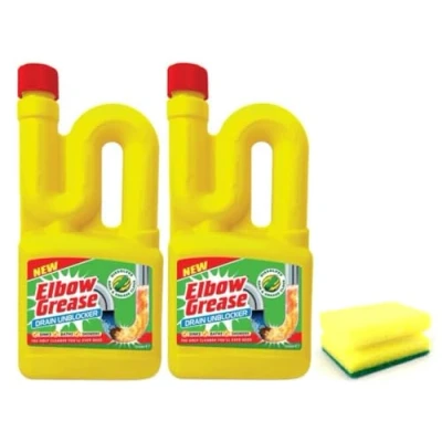 Image of 2X Elbow Grease Drain Unblocker (2X 750 ml) Effective For Sinks, Baths, Showers Stubborn Blockages with Multi Purpose Cleaning Sponge