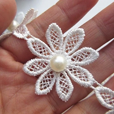 Image of 2 Yard Daisy Flower Pearl Lace Trim Ribbon 4 cm Width Vintage Style White Edging Trimmings Fabric Embroidered Applique Sewing Craft Wedding Bridal Dress DIY Party Clothes Embroidery