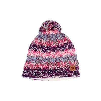 Image of Pachamama Women Wool Beanie Bobble Hat Sherpa Fleece Lined Handknitted Pink Multicoloured One Size Handmade Extra Warm Fair Trade
