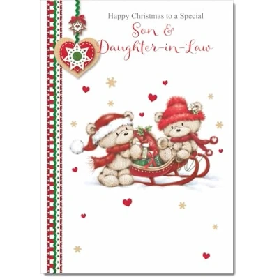 Image of doodlecards Son &amp; Daughter In Law Christmas Card Two Cute Bears on Sled Medium Size with Plain Envelope