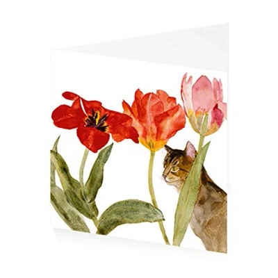 Image of Royal Academy Elizabeth Blackadder Cat Amongst Tulips Floral Art Greeting Card (15 x 15 cm)