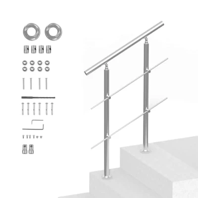 Image of VEVOR Handrails for Outdoor Steps, 31.5in Length 2 Crossbars Stair Hand Rail Kit, Transitional Stainless Steel Railings w/Installation Double Column Staircase Seniors,Porch &amp; Deck
