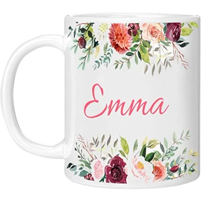 Image of EKAM Personalised Floral Mug with Name, Customised Gift for Mum, Dad, Kids and Girls, Tea Coffee (11oz)